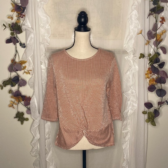 W5 Striped 3/4 Sleeve Knot Front Melon White‎ Top Size Medium - Picture 1 of 6